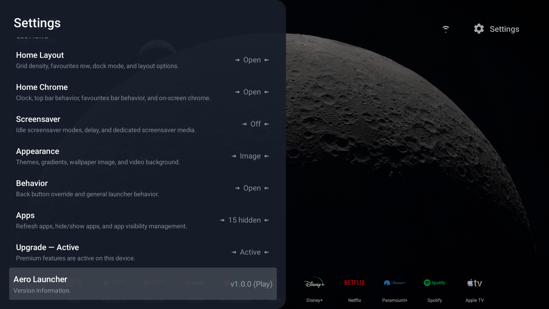 Aero Launcher settings screen